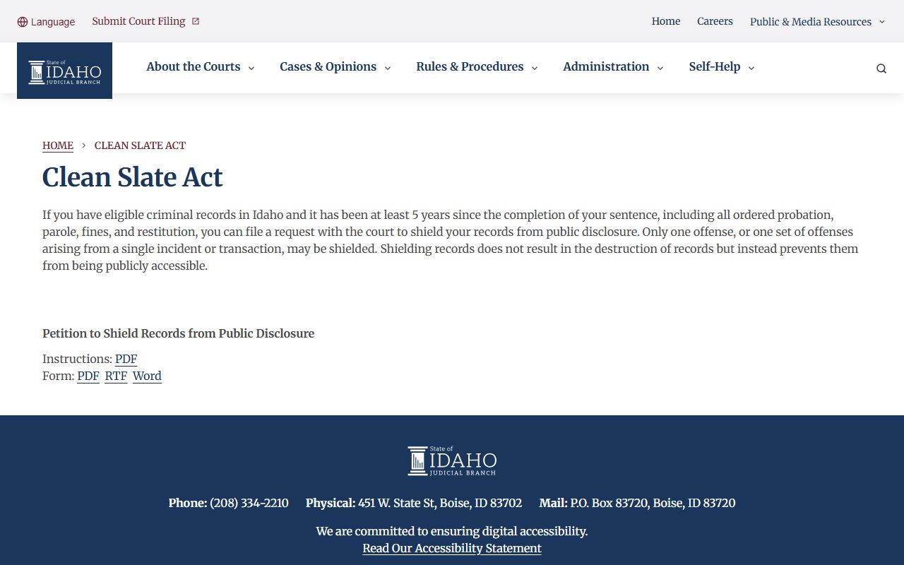 Butte County criminal court records Idaho Clean Slate Act source