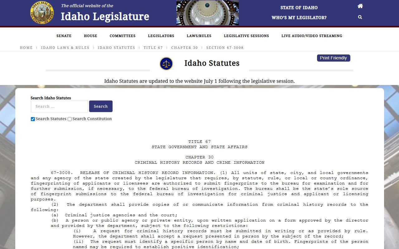 Butte County criminal court records Idaho criminal history dissemination statute