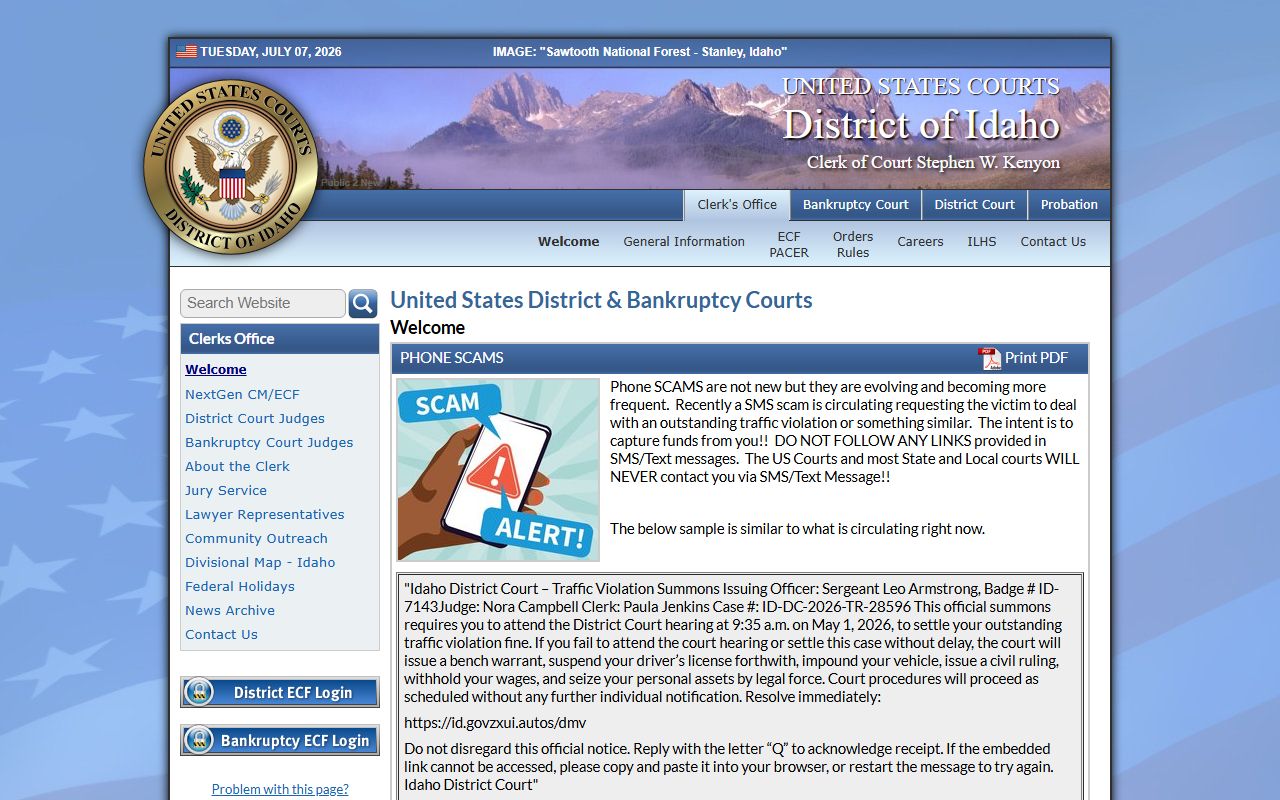 Butte County District Court records District of Idaho federal court homepage