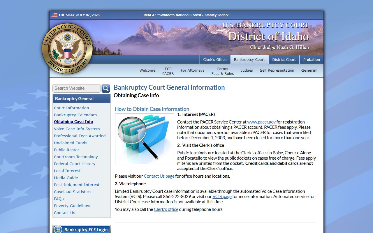 Butte County District Court records Idaho bankruptcy case information page