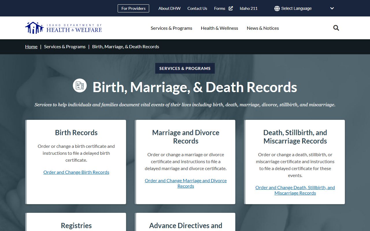 Butte County marriage and divorce records Idaho vital records landing page
