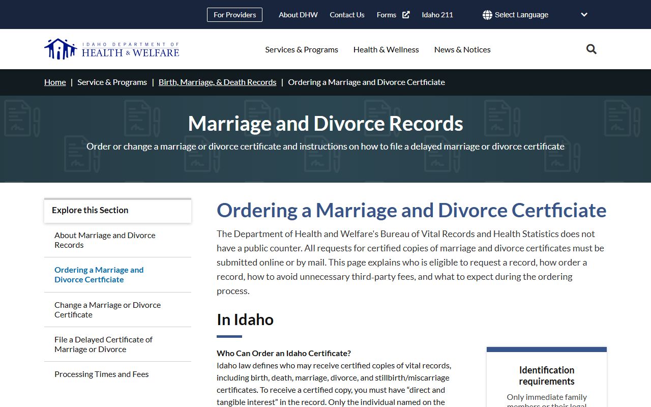 Butte County marriage and divorce records Idaho certificate ordering page