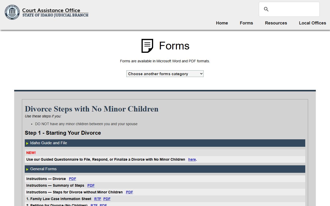 Butte County divorce records Idaho divorce forms page