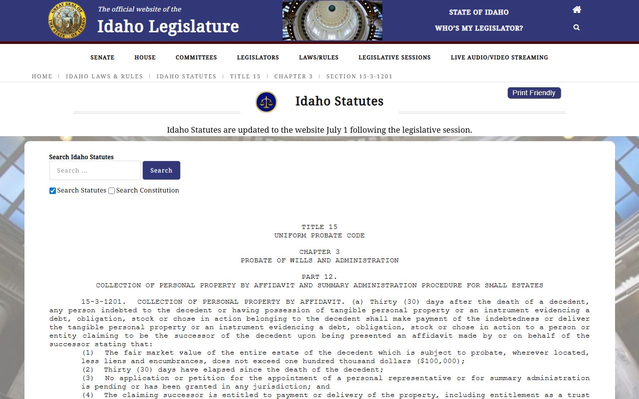 Butte County probate records Idaho small estate affidavit statute