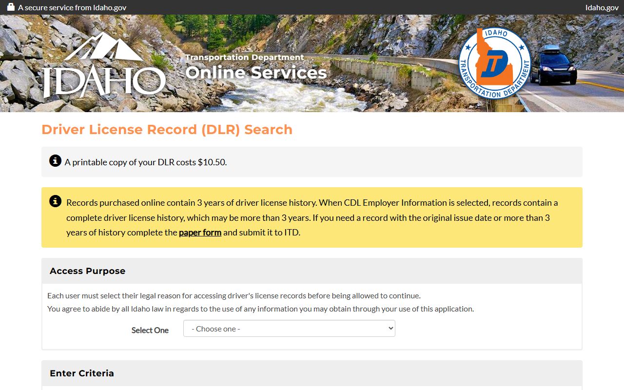 Butte County traffic court records Idaho online driver license record page