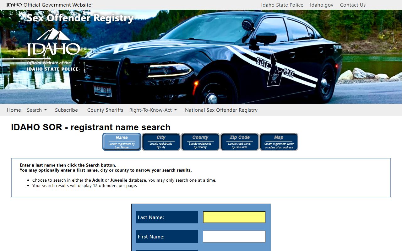 Butte County warrant search and Idaho State Police name search fields